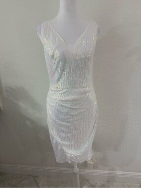 Grace Karin White Iridescent Sequin Deep V Bodycon Mini Dress
